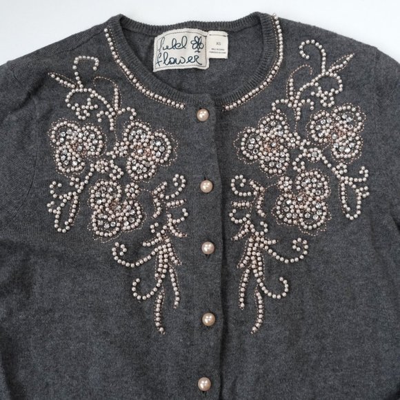 ANTHROPOLOGIE Field and Flower Beaded Cardigan Sweater XS Gray Embellished Pearl - Picture 2 of 5